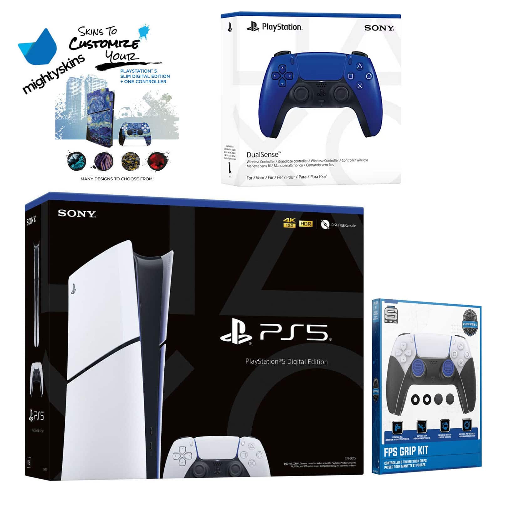 PlayStation 5 Slim Digital with Extra Controller, FPS Grip Kit and MightySkins Decal Voucher - PlayStation 5