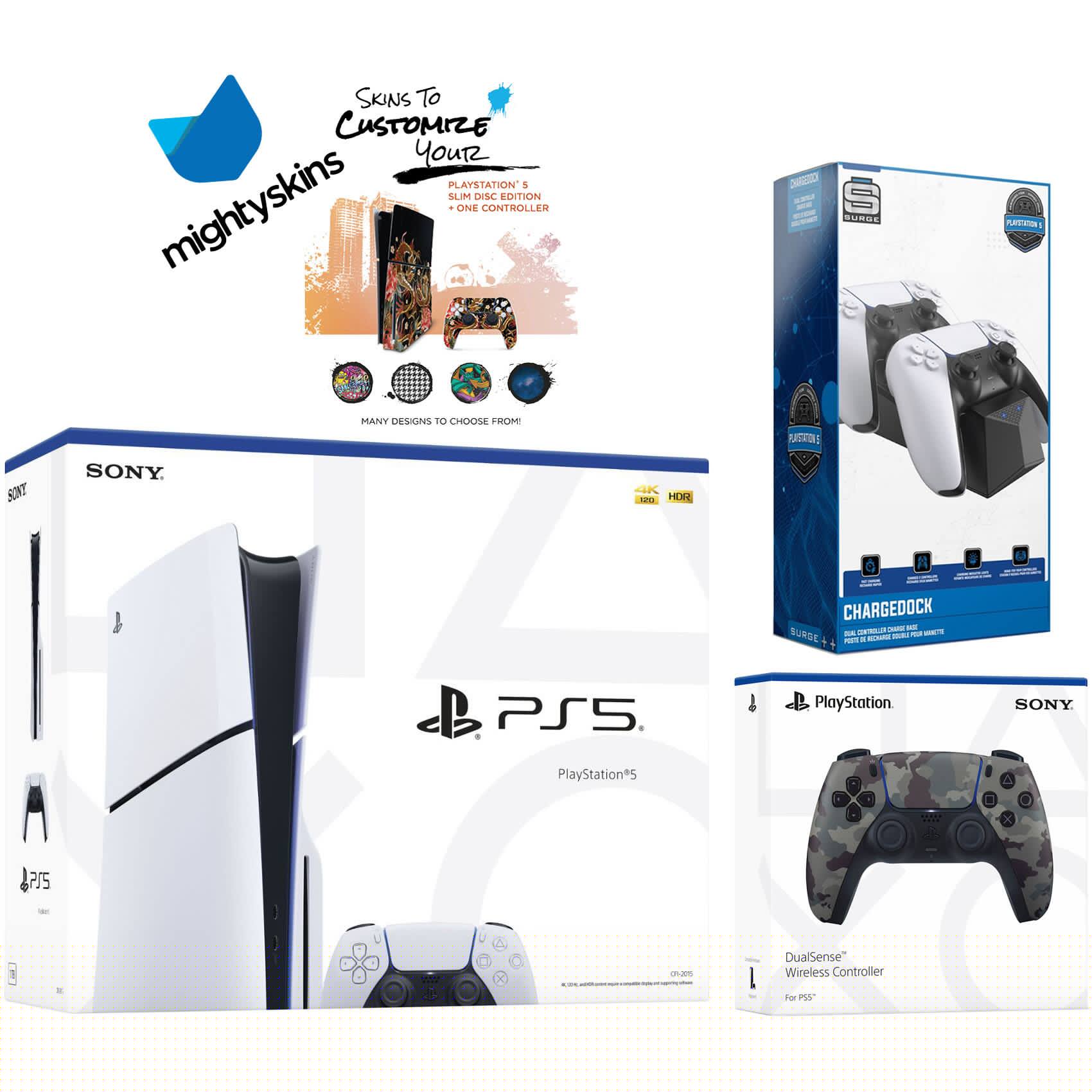 PlayStation 5 Slim Disc with Extra Controller, Dual Charging Dock and MightySkins Decal Voucher - PlayStation 5