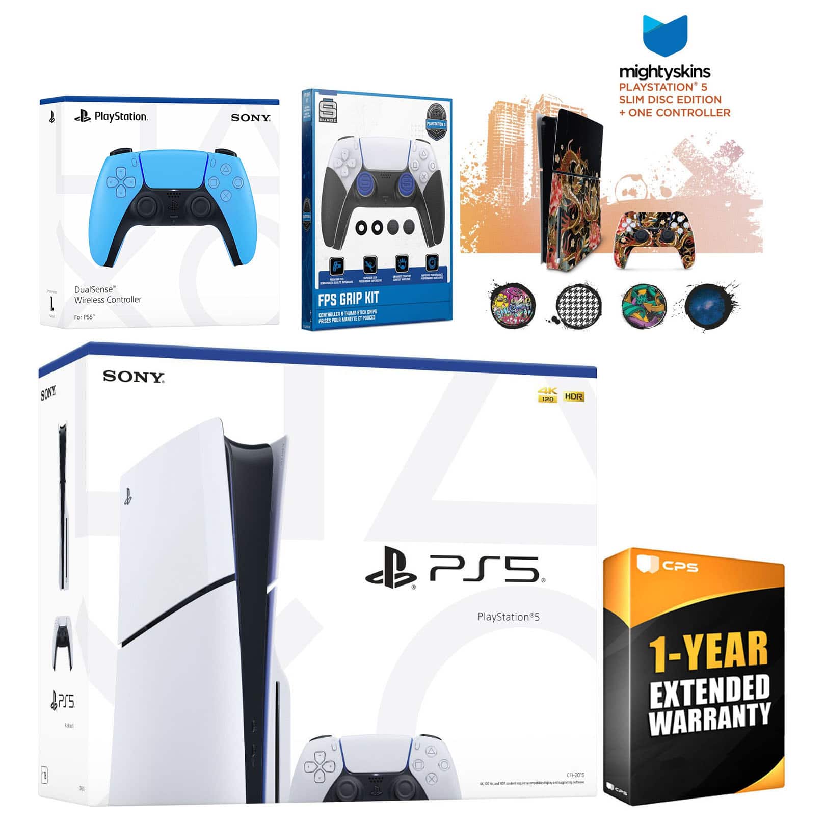 Playstation 5 Slim Disc with Extra Controller, FPS Grip Kit and MightySkins Decal Voucher + 1 Year - PlayStation 5